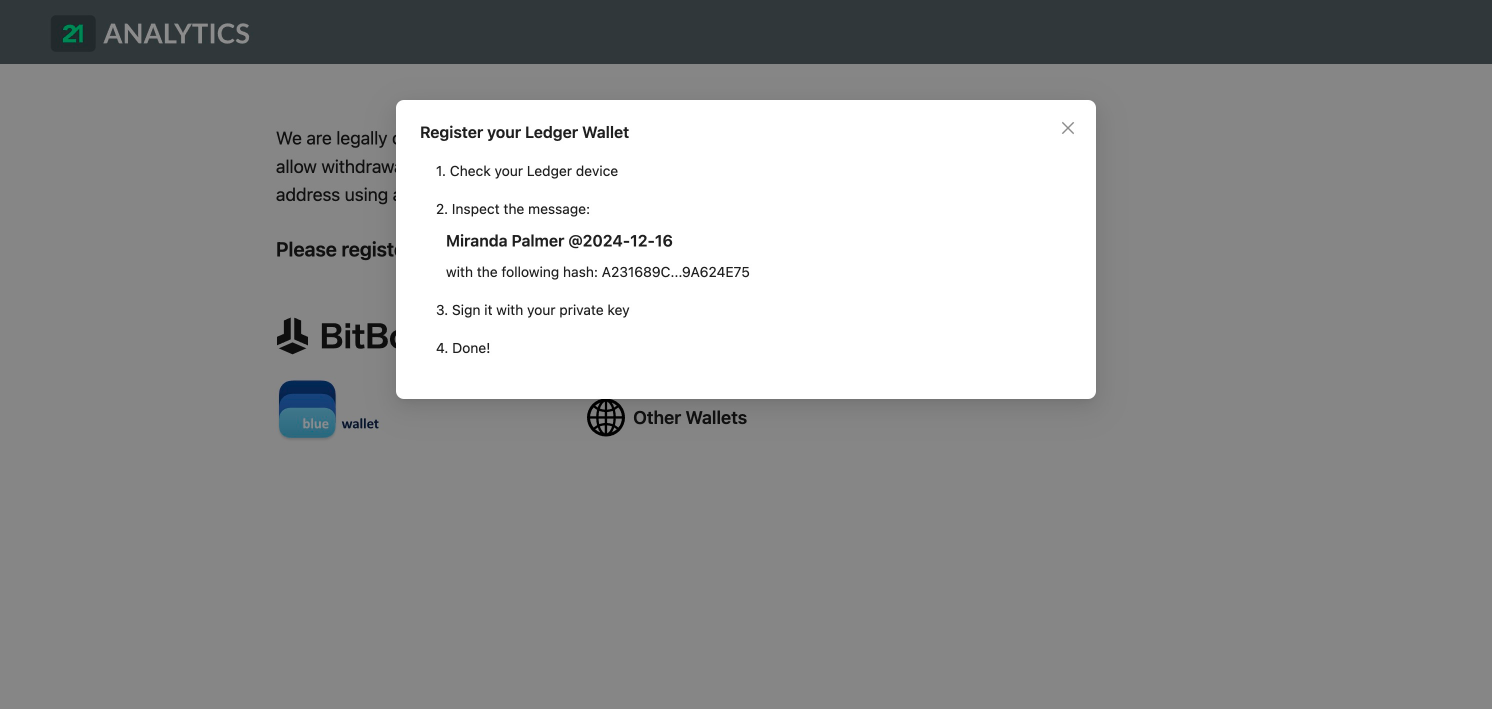 On-screen instructions in the AOPP Portal guiding the user to check their Ledger device to sign a message.