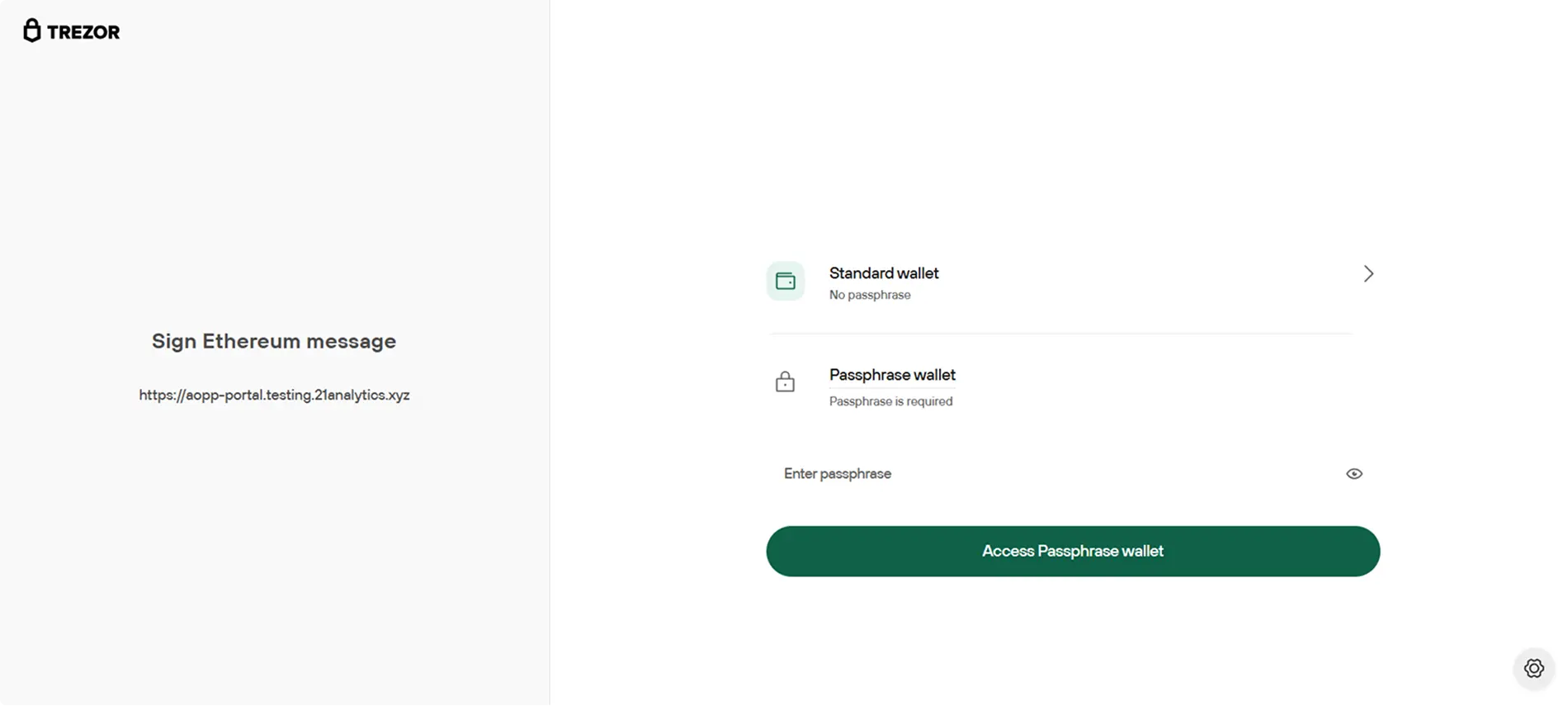 Trezor device screen where the user selects a wallet or passphrase option to unlock the device (still in browser).